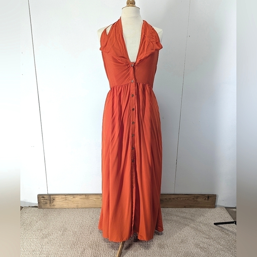 RusttyDustty Bright Orange Halter Maxi Dress XL Sun Dress Vacation Summer